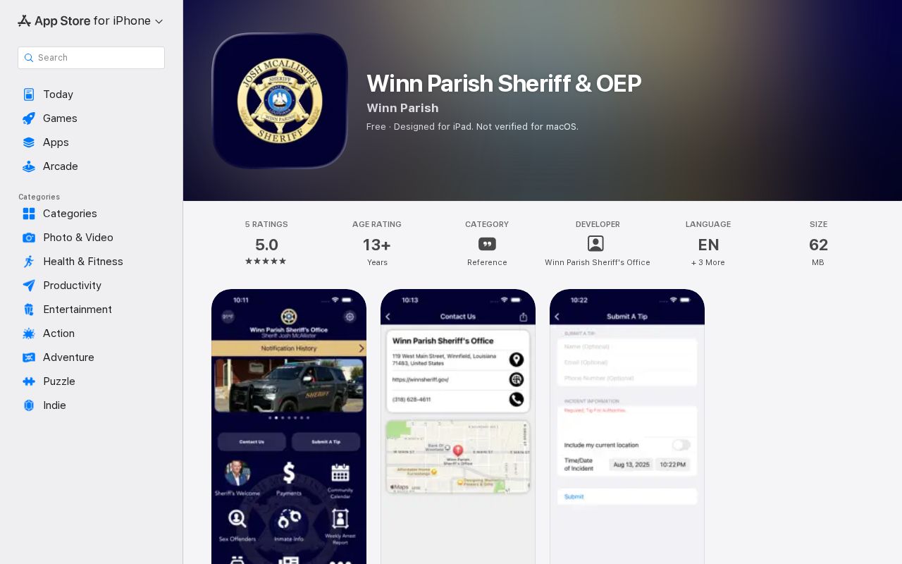 Winn Parish Sheriff and OEP outreach app listing used to verify arrest-source limits