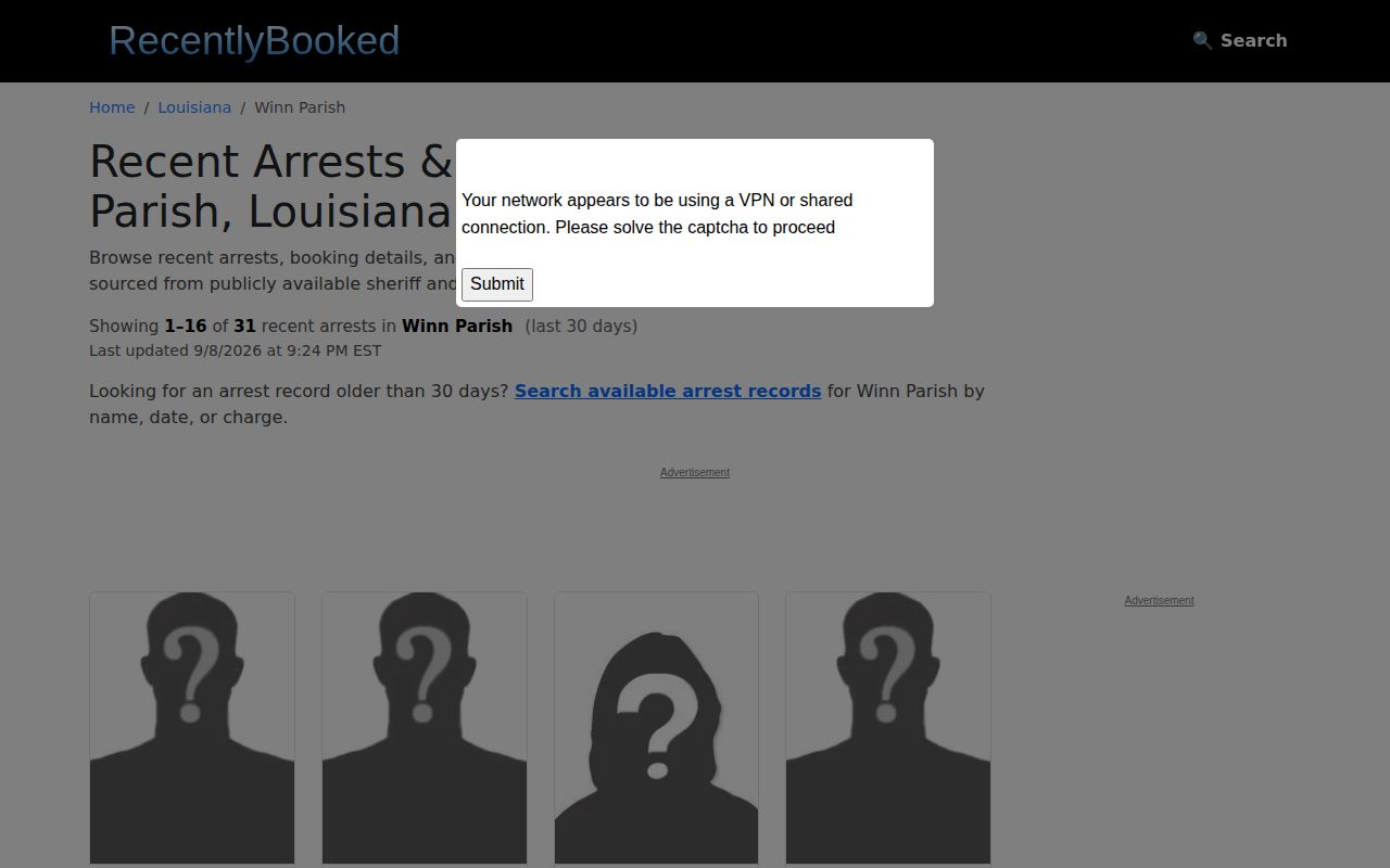 Unofficial RecentlyBooked Winn Parish multi-day arrest page showing publisher window claims