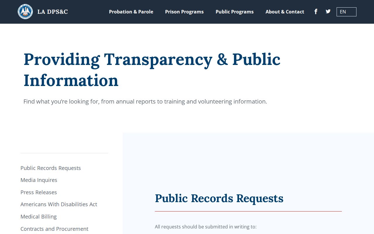 Louisiana corrections public information request page