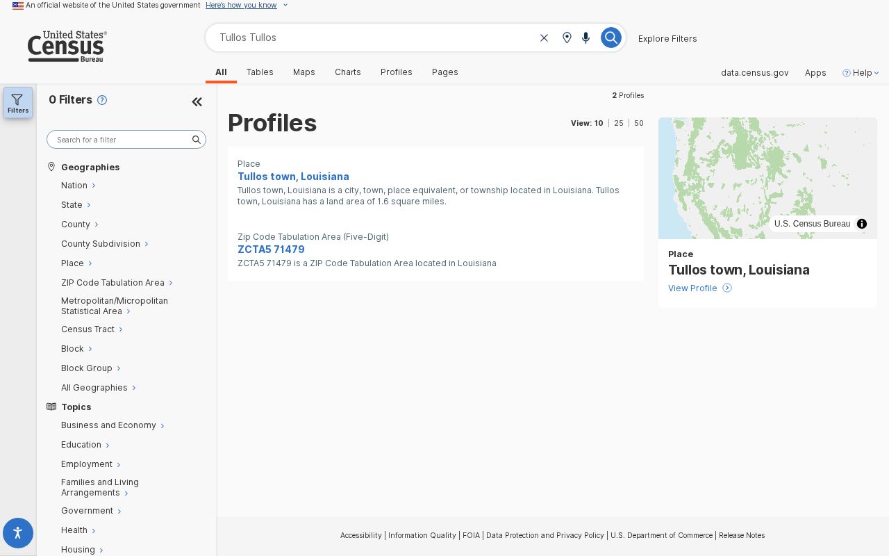 United States Census data page for Tullos Louisiana