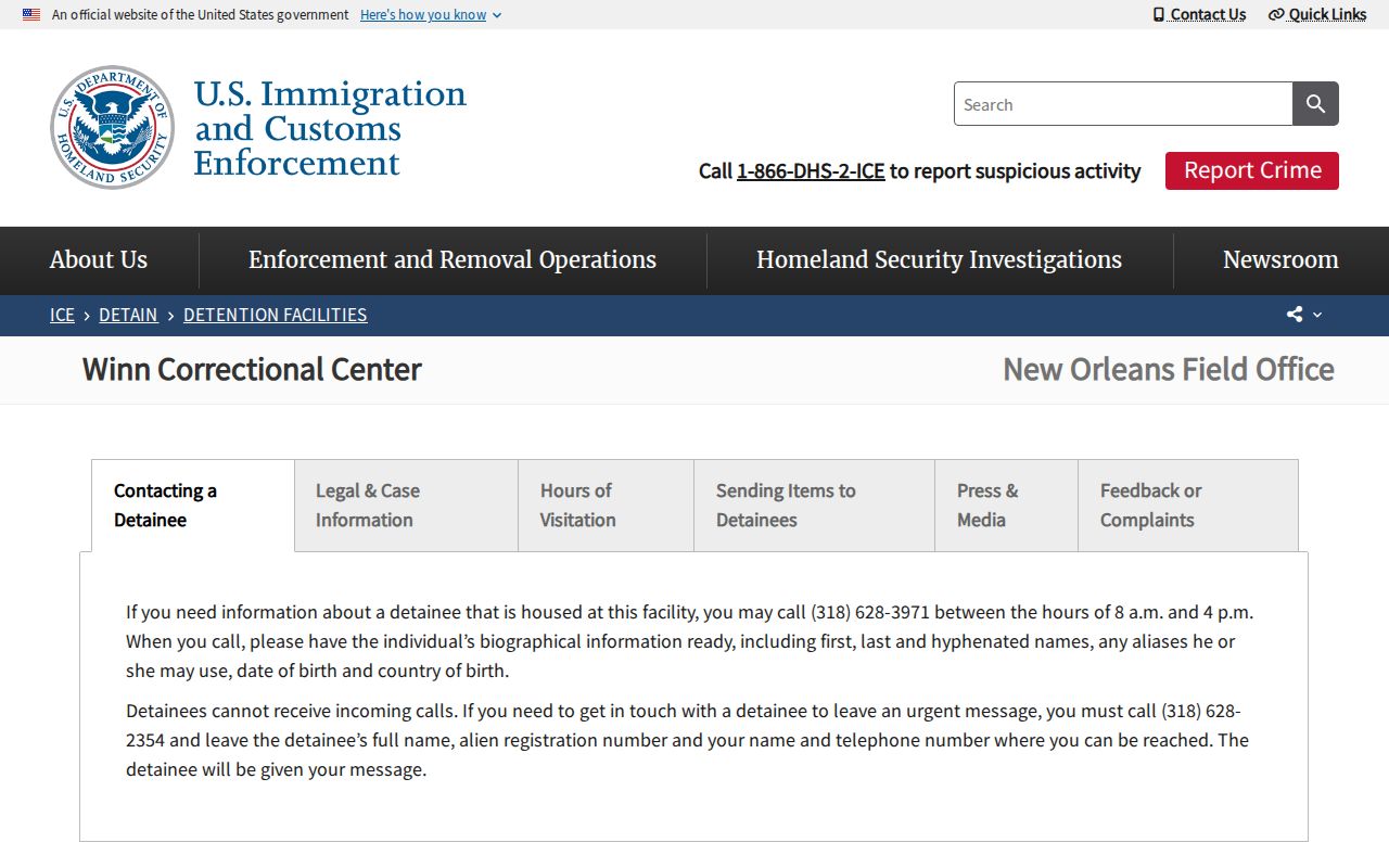 ICE Winn Correctional Center official facility page